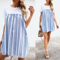 Fashion Contrast Color Round-neck Short Sleeve Striped Dress