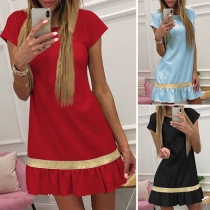 Fashion Contrast Color Short Sleeve Slim Fit Pleated Hem Dress