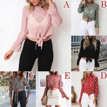 Fashion Contrast Color High Collar Long Trumpet Sleeve Bandaged Shirt