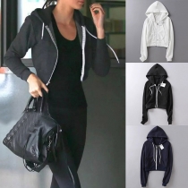 Fashion Solid Color Zip-Front Cropped Hoodie