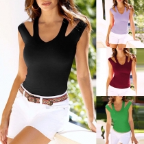 Sexy V-neck Solid Color Slim-fit Cutout Sleeveless Top