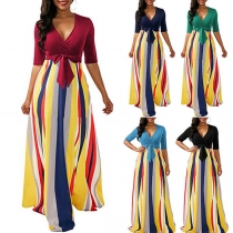 Sexy Deep V-neck Contrast Color Self-tie Middle Sleeve Stripe Dress
