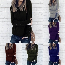 Fashion Round Neck Button-Down Cuff Long Sleeve Tops