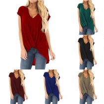 Fashion V-neck Irregular Hem Twist-front Short Sleeve Top
