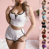 Fashion Round Color Tank Top+ Shorts Rhinestone Spliced Contrast Color Two Pieces Set