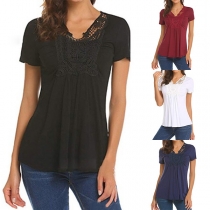 Fashion Solid Color Short Sleeve V-neck Lace Spliced T-shirt 