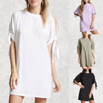 Sexy Off-shoulder Short Sleeve Round Neck Solid Color Shift Dress