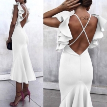 Sexy Backless V-neck Solid Color Ruffle Party Dress