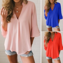 Fashion Deep V-neck Solid Color 3/4 Trumpet Sleeve Casual Shirt