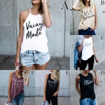 Fashion Letters Printed Round Neck Casual Tank Top 