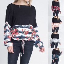 Fashion Printed Spliced Long Sleeve Round Neck Loose T-shirt 