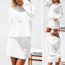 Fashion Solid Color Long Sleeve Hooded Top + Skirt Two-piece Set
