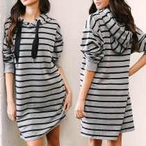 Fashion Long Sleeve Hooded Striped Dress