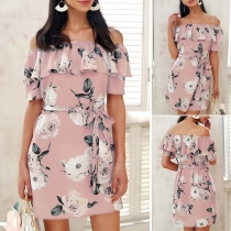 Sexy Ruffled Off-the-Shoulder Self-tie Floral Print Dress