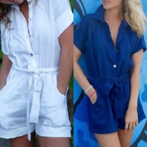 Fashion Solid Color Short Sleeve POLO Collar Romper 