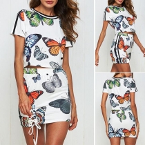 Fashion Butterfly Printed Short Sleeve T-shirt + Skirt Two-piece Set 