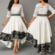 Fashion High Waist Lace Spliced Contrast Color Irrgular Hem Slim-fit Dress