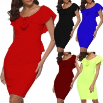Elegant Solid Color Ruffle Slim Fit Party Dress