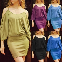 Sexy Off-shoulder 3/4 Sleeve Solid Color Slim Fit Dress