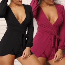 Sexy Deep V-neck Long Sleeve Solid Color Romper