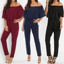 Sexy Ruffle Off-shoulder Boat Neck High Waist Solid Color Jumpsuit