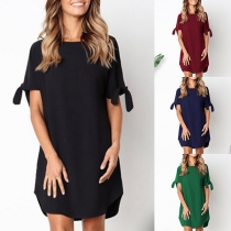 Fashion Solid Color Lace-up Short Sleeve Round Neck Loose Dress