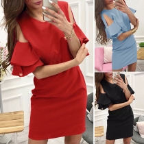 Sexy Off-shoulder Ruffle Sleeve Round Neck Slim Fit Dress