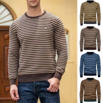Fashion Long Sleeve Round Neck Slim Fit Men's Striped Knit Top