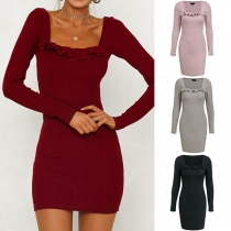 Fashion Solid Color Long Sleeve Square Collar Slim Fit Knit Dress