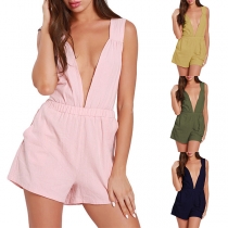 Sexy Backless Deep V-neck Sleeveless Solid Color Romper 