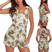 Fashion Sleeveless V-neck High Waist Printed Romper