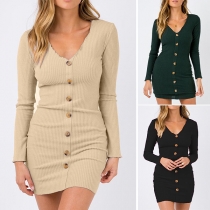 Fashion Solid Color Long Sleeve V-neck Single-breasted Knit Dress