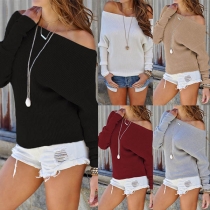 Fashion Solid Color Long Sleeve Boat Neck Sweater