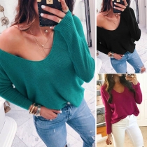 Fashion Solid Color Long Sleeve Round Neck Knit Top