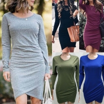 Fashion Solid Color Round Neck Irregular Hem Slim Fit Dress