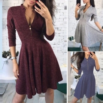Fashion Solid Color Half Sleeve Stand Collar Dress