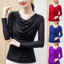 Fashion Solid Color Long Sleeve Cowl Neck T-shirt