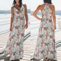Sexy Backless V-neck High Waist Printed Sling Dress