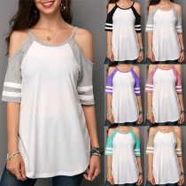 Sexy Off-shoulder Short Sleeve Contrast Color T-shirt 