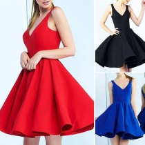 Sexy Backless V-neck Sleeveless High Waist Solid Color Dress