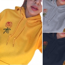 Fashion Rose Printed Long Sleeve Solid Color Hoodie