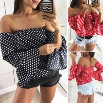 Sexy Off-shoulder Boat Neck Trumpet Sleeve Dots Printed Top