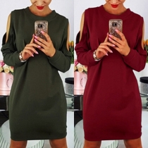 Sexy Off-shoulder Long Sleeve Round Neck Solid Color Dress