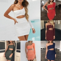 Sexy One-shoulder Long Sleeve Hollow Out Tight Dress