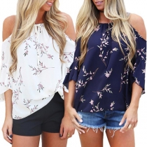 Sexy Off-shoulder Trumpet Sleeve Printed Sling Chiffon Top