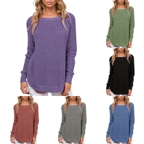 Fashion Solid Color Long Sleeve Round Neck Slit Hem Sweater 