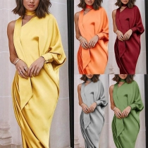 Sexy One-shoulder Long Sleeve Irregular Hem Solid Color Dress
