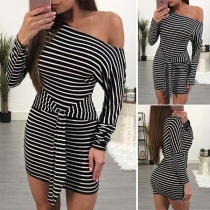 Sexy Off-the-shoulder Self-tie Stripe Fitted Dress