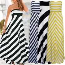 Sexy Strapless High Waist Stripe Maxi Dress