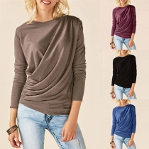 Fashion Solid Color Long Sleeve Round Neck Wrinkled T-shirt